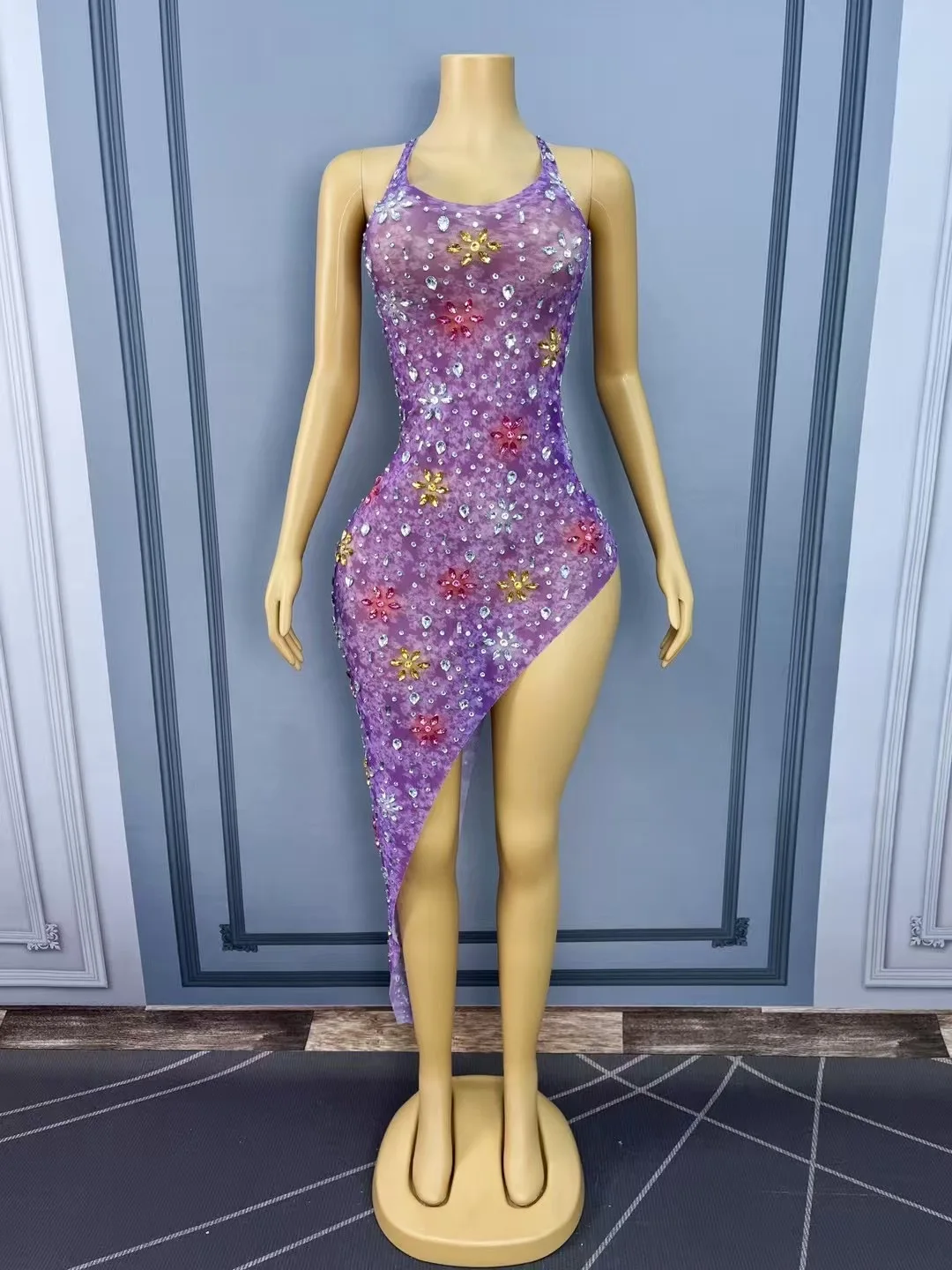 

Women Luxury Sleeveless O Neck Purple Color Crystal Asymmetric Bodycon Mesh Dress Sexy Evening Club Nightwears Showgirl Costumes