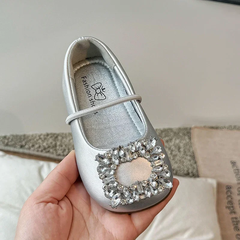 3-14Y Loafer Shoes for Girls Child Ballerina Flats Kids Diamond Mary Janes Party Dress Shoes Princess Elegant Shoes Black Silver