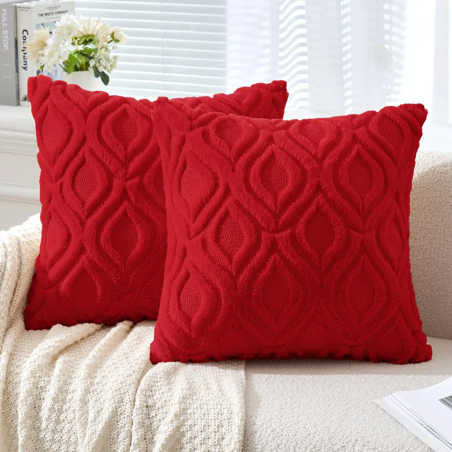Christmas Red Throw Pillow Covers 18x18 Inch, Soft Winter Plush Faux Wool Couch Pillow Covers for Sofa Living Room Bed