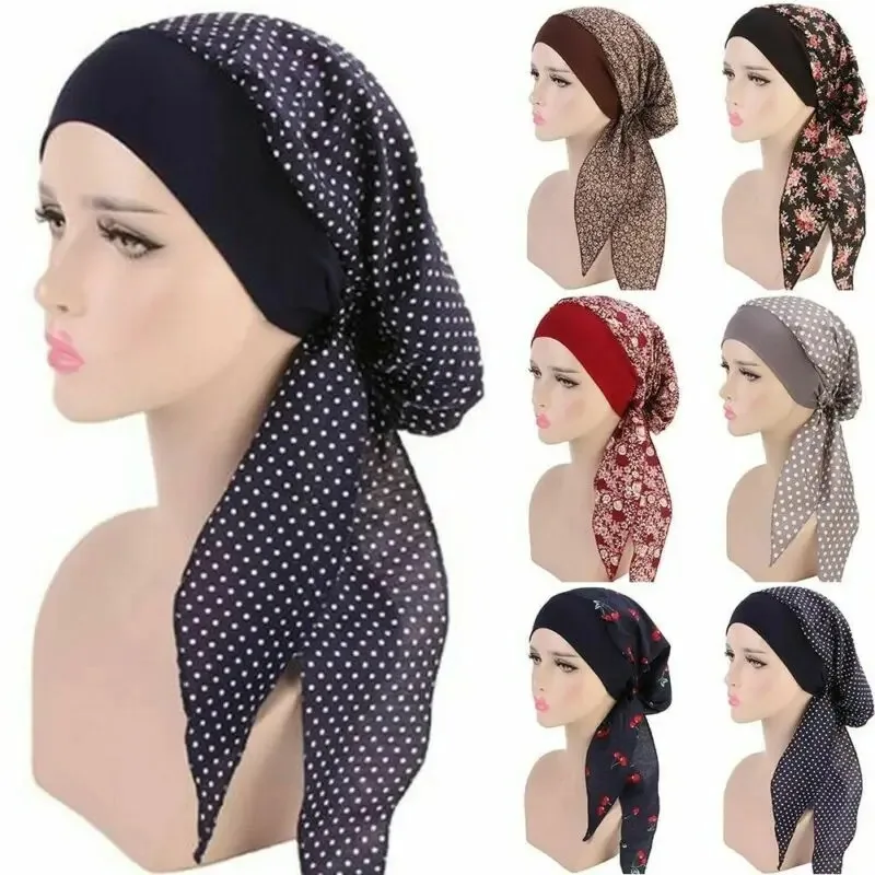 New Muslim Women Printed Pre-tie Headscarf Elastic Female Turban Cancer Chemo Hat Hair Loss Cover Head Wrap Headwear Stretch