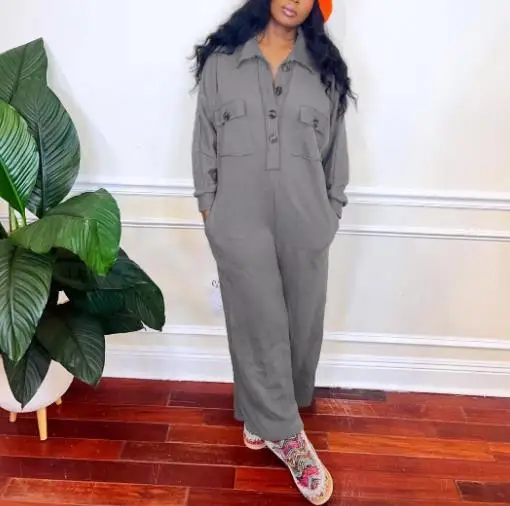 

Осенний однотонный повседневный свободный комбинезон в стиле рабочей одежды, женский повседневный свободный комбинезон с карманами на пуговицах и лацканами