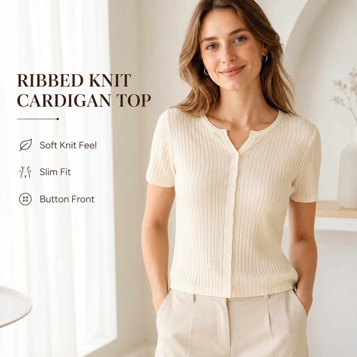 Women’s Ribbed Knit Cardigan Short Sleeve Button Front Slim Fit Lightweight Lyocell Blend Summer Top