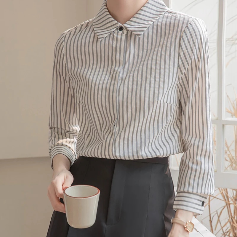 EVNISI Women Casual Long Sleeve Stripe Shirt Polo collar Loose Elegant Office Blouse Single Breasted Lady Chic Tops Spring Fall