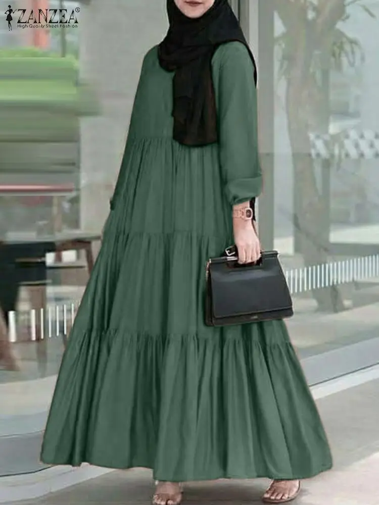 2024 ZANZEA Muslim Autumn Long Sleeve Dresses Turkey Abaya Hijab Sundress Robe Femme Women Stylish Ruffles Hem Maxi Long Dress