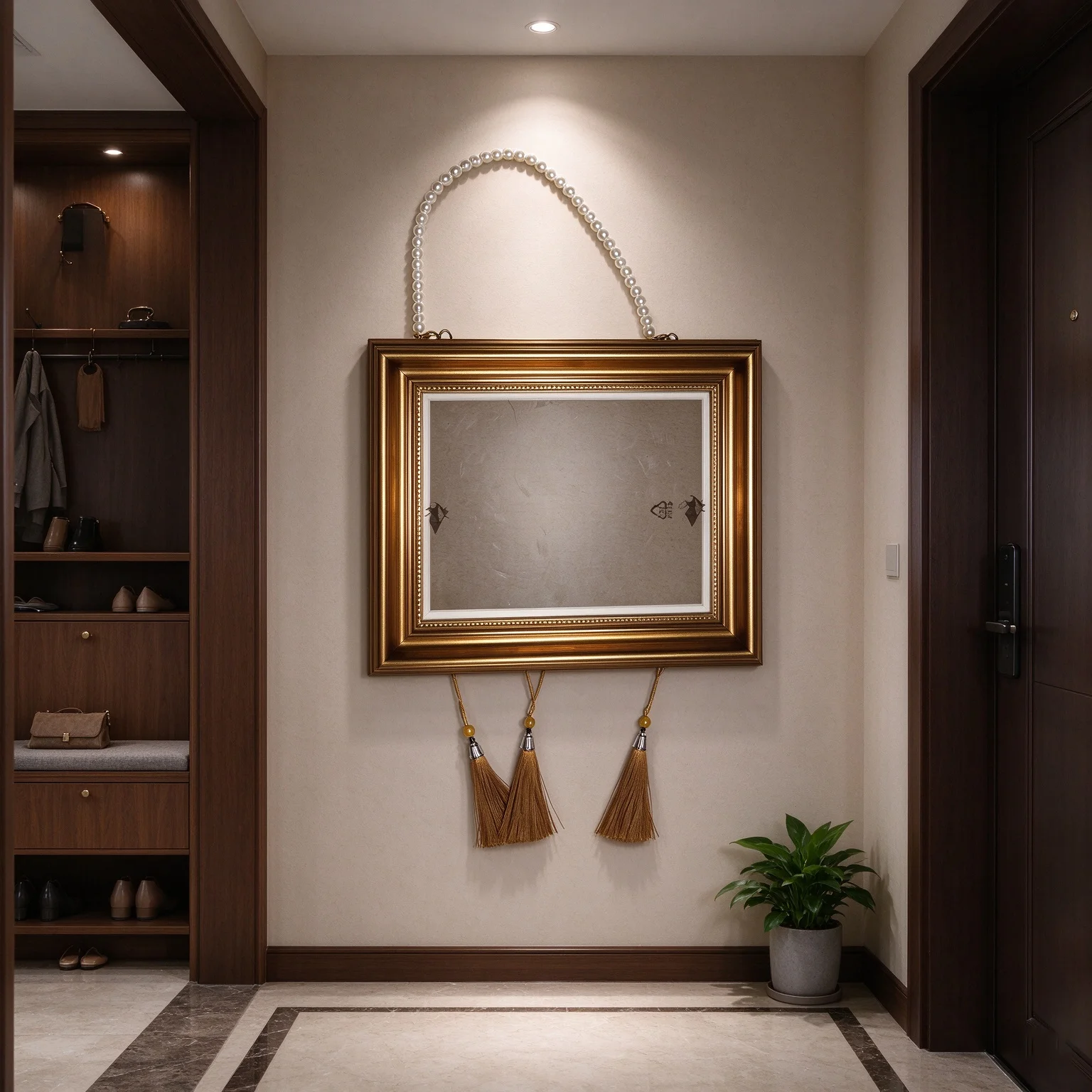 Antique Gold Color Decorative Hanging Frame with Pearl Beaded Chain & Tassels Photo Frame for Living Room Entrance Wall Decor