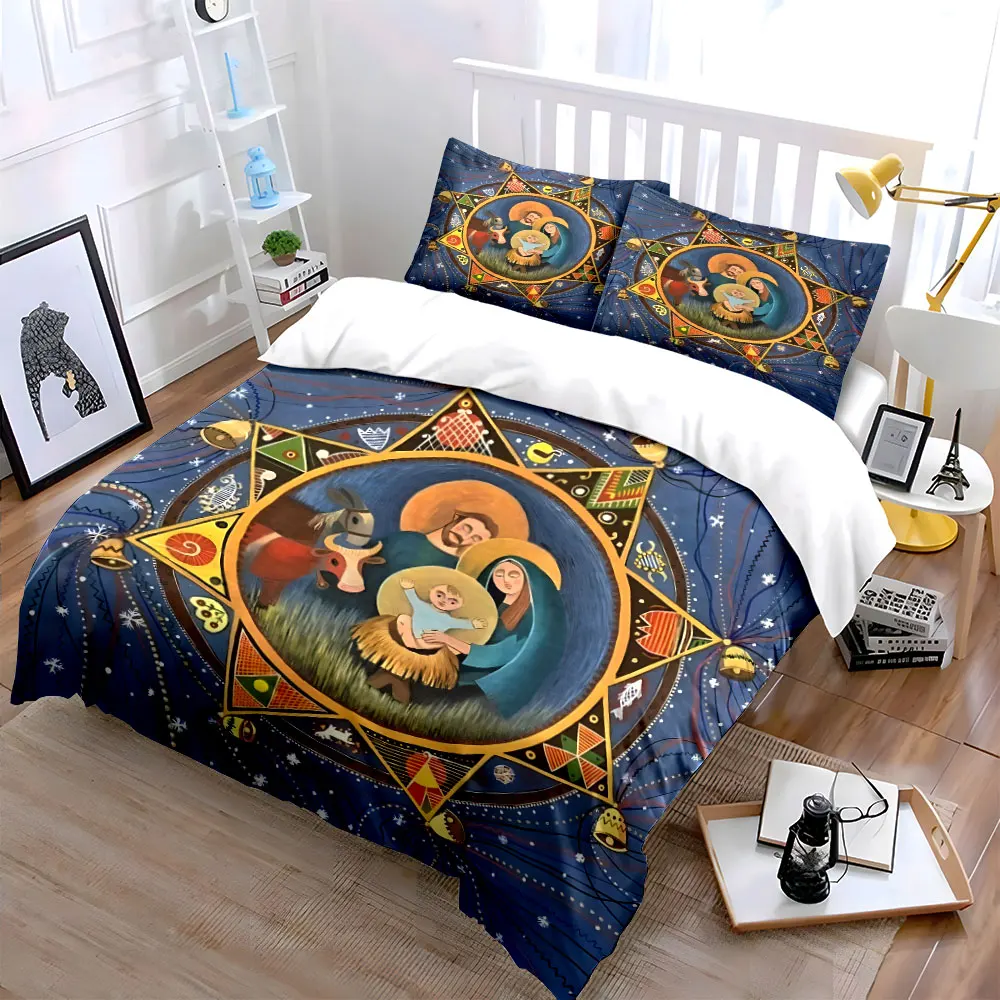 Christmas family with decorated star Duvet Cover Set with 3D Printing Design Soft Polyester Bedding Set All-Season Comfort