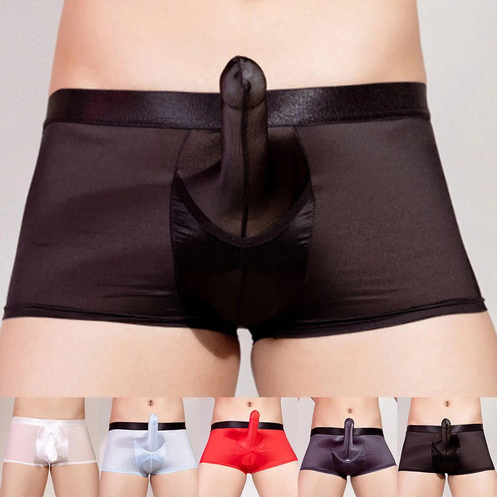 Homens altos elásticos sedosos e lustrosos cuecas Boxer, sexy shorts bainha longa, suave ver através de cuecas, lingerie erótica, calcinha sólida