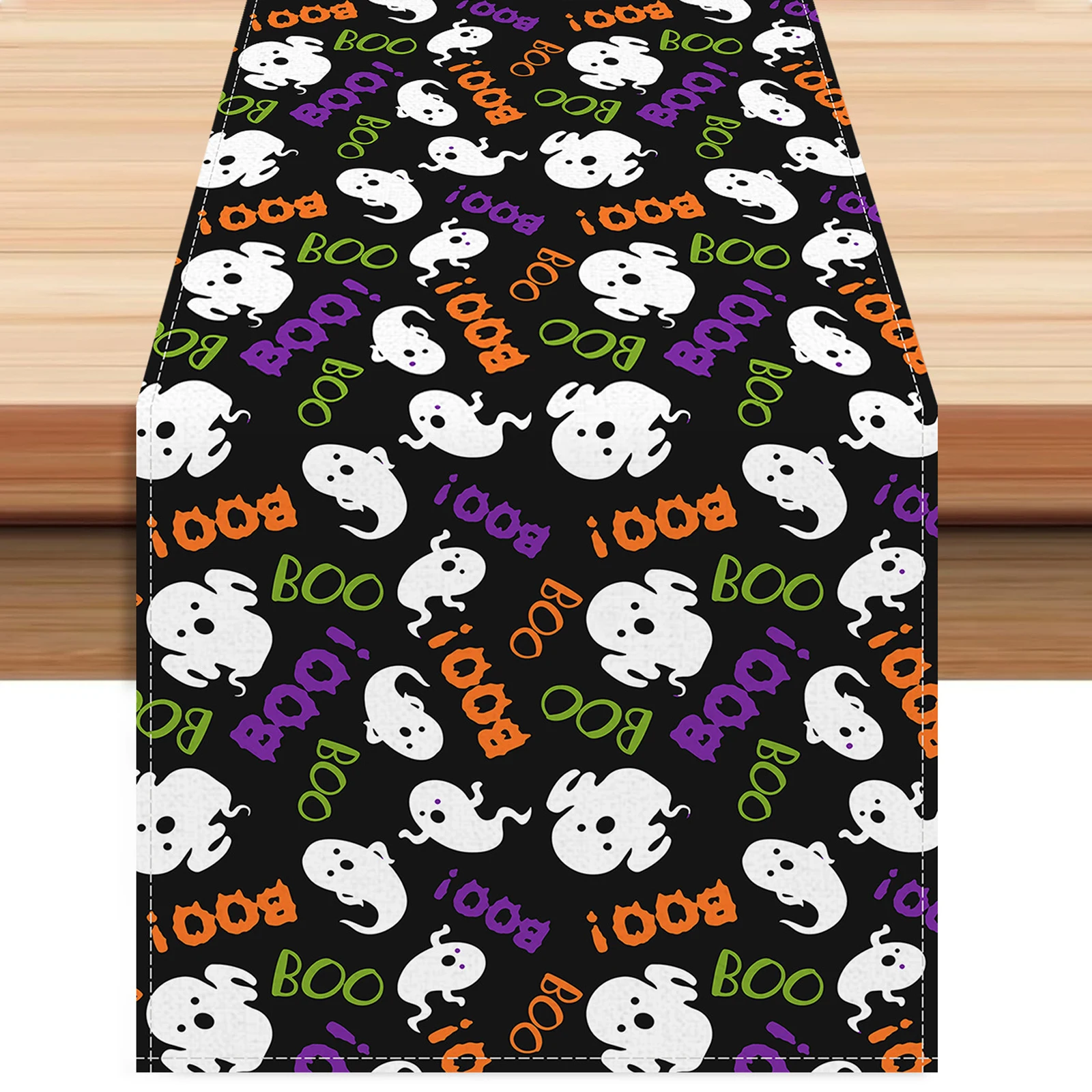 

Halloween Table Runner Ghost Letter Pattern Black Halloween Linen Table Mat for Party Holiday Home Decor