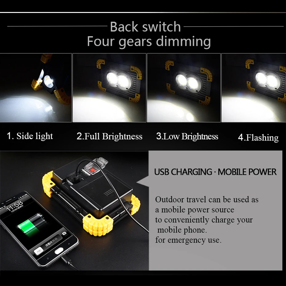 

Outdoor Emergency LED Work Light COB Rechargeable Camping Hiking Fishing Car Repair Exploring Waterproof Multi