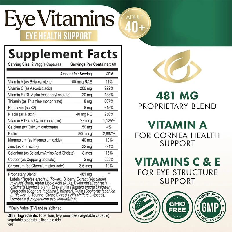 Eye Vitamin and Mineral Supplements - Containing Zinc, Copper, Lutein, and Zeaxanthin -60 Capsules