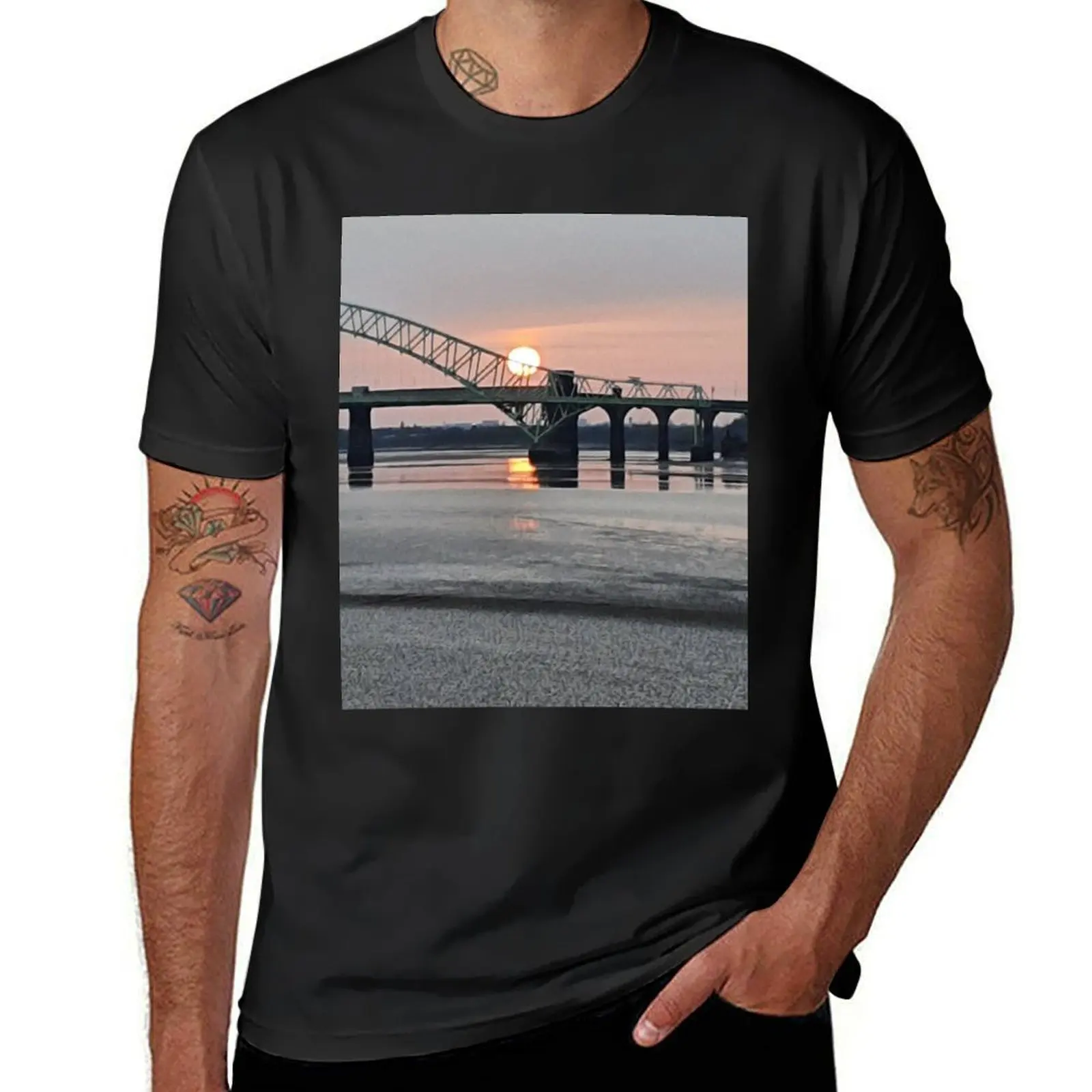 Runcorn Bridge - Sunset Silhouette - The Silver Jubilee Bridge - Wigg Island T-Shirt graphics t shirt men