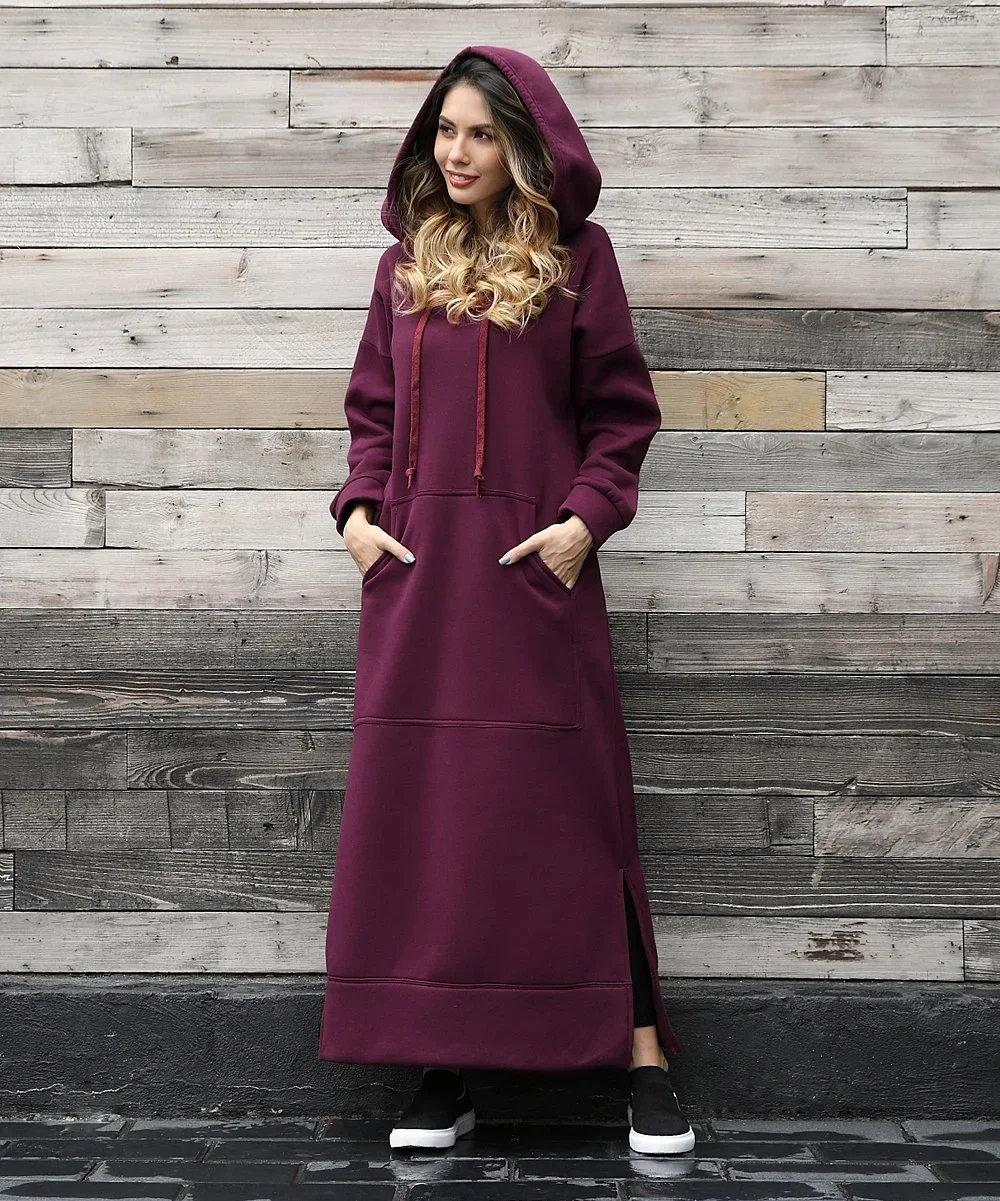 Frauen kleider Herbst Winter Hoodies Kapuze große Tasche Pullover Kleid lang ärmelig lässig locker elegant Büro Dame Vestidos