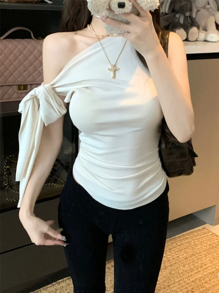 

Summer Tie Design Shoulder Bared Korean Style Sexy Slim Fit White Short Sleeve T Shirt Women's Commute Fashion Casual Top