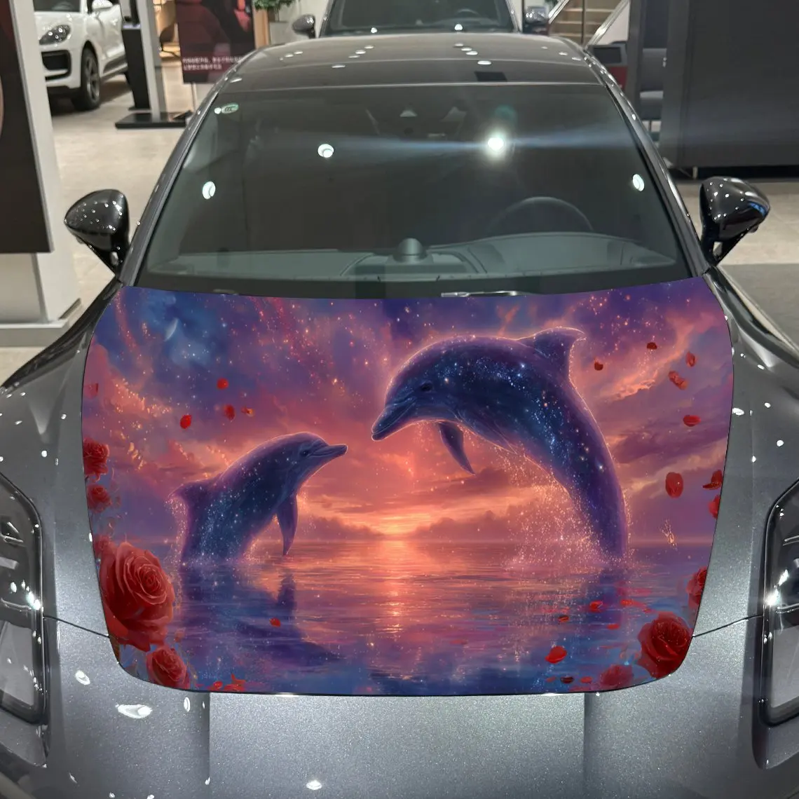 

Dolphin Rose Sunset Artistic Voyage PVC Car Hood Wraps, Self-Adhesive Waterproof Car Bonnet Decal Sticker, Car Decoration Protec
