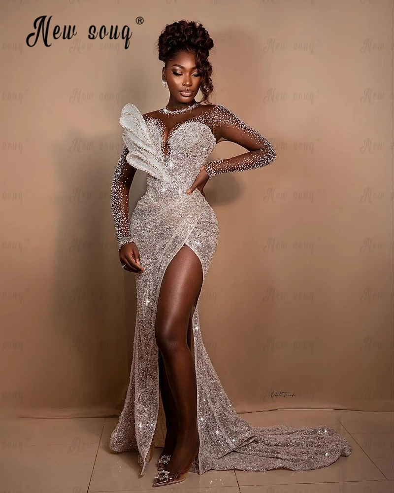 African Luxury Full Beaded Side Slit Wedding Dress Leaf Design Detachable Train Women Dubai Bridal Gowns 2023 Vestido De Casamen