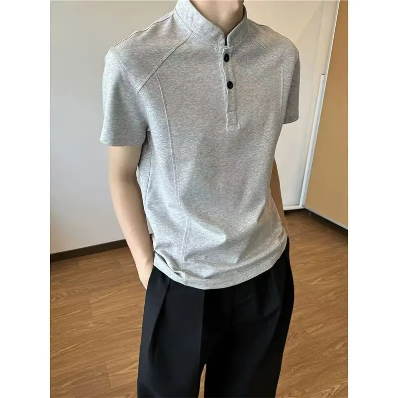 

Modern Mandarin Collar Short Sleeve T Shirt For Men Casual Daily Wear Breathable Lightweight Design Comfortable Fit