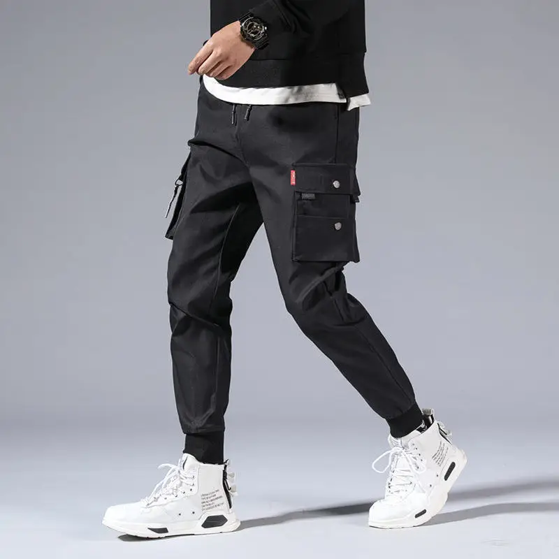 QICHE Student Men Loose Trendy Casual Nine Points Pants Korean Ins Chic Cuffed Jogger Cargo Trousers