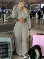 Y2K European and American fashion short hooded women's sports suit slim long-sleeved top drawstring belt sports pants trendy