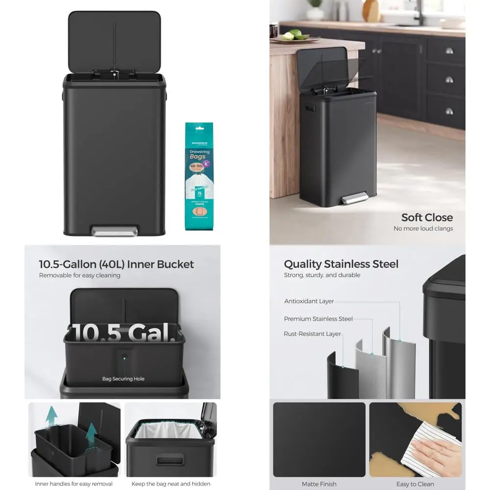 

10.5 Gallon Large Capacity Soft Close Kitchen Trash Can with Wide Foot Pedal and Stays Open Feature, Black Garbage Can for Home