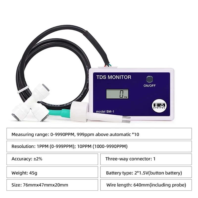 Digital InLines Triple TDS 0-9990ppm Ranges, +/- 2% Readout Accuracy,for Aquarium