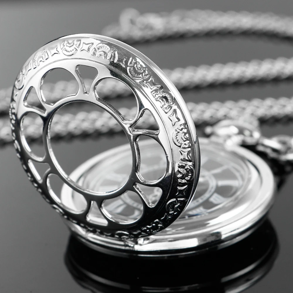 Orologio da taschino al quarzo con pietra preziosa cava in argento Orologio da donna da uomo Steampunk Collana vintage con catena al quarzo Orologio da taschino Reloj