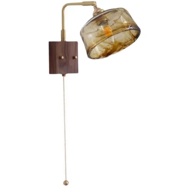 

Japanese retro zipper switch All copper walnut bedside minimalist wall lamp, B & B stairs balcony designer lamp