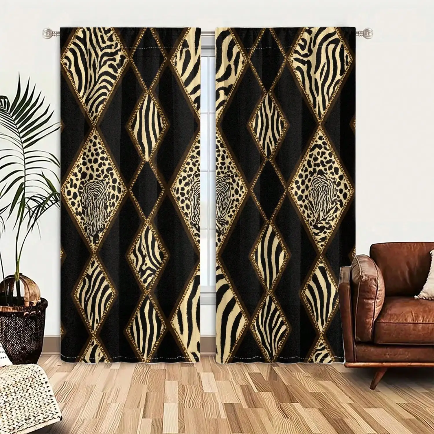 1Set/ 2pcs Curtains Bold Black And Beige Diamond Pattern Featuring Zebra Stripes Leopard Spots And Swirling Animal Prints