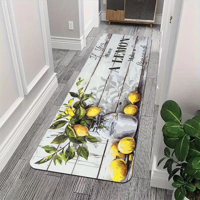 Lemon Wood Plank Text Fresh Style Runner Rug for Hallway Non Slip Decorative Carpet Floor Mat Cover