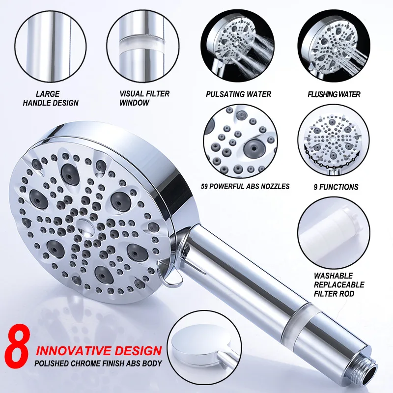 American-style Multi-functional High Pressure Shower Head 9 Modes Large Flow Shower Filter Water Showerhead Bathroom Accessories