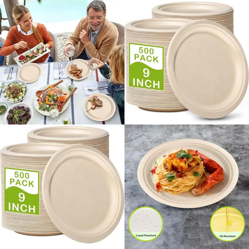 

9-дюймовые компостируемые бумажные тарелки, 500 штук, усиленные, экологичные, коричневые