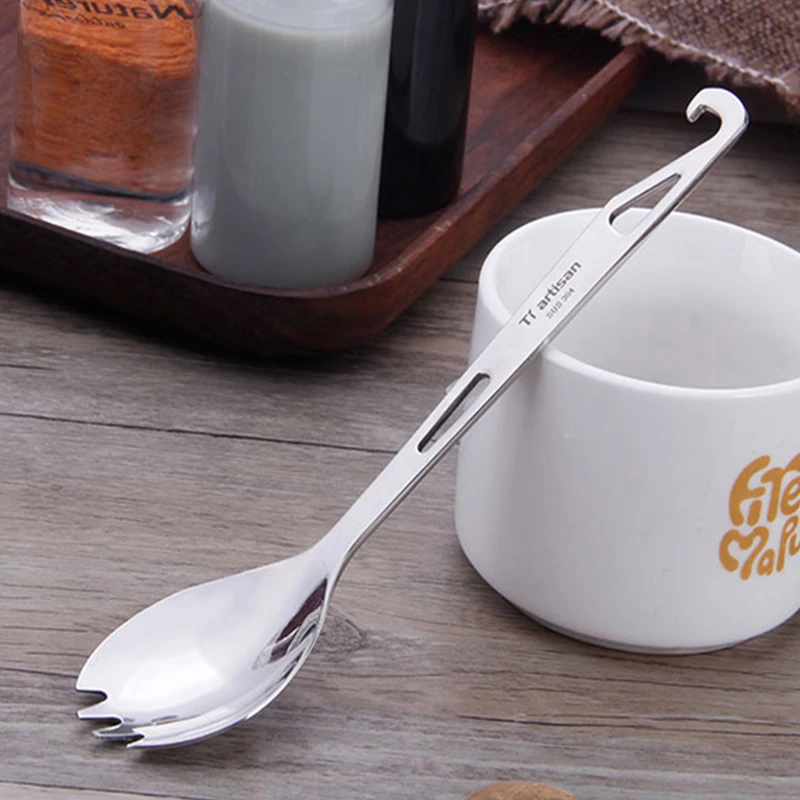 

Stainless Steel Spork Long Handle Spoon with Bottle Opener Lightweight Outdoor Travel Camping Tableware Spork