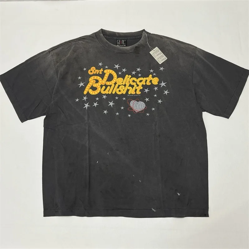 

2025 Star Neon Sign Slogan Print SAINT Mxxxxxx T-Shirts Men Women 1:1 Best Quality Black Wash Vintage Short Sleeves