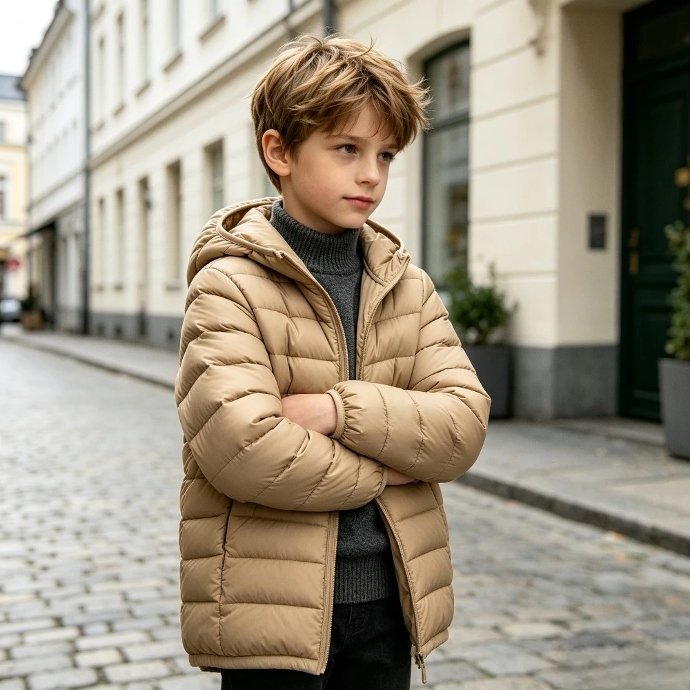 Kids Lightweight Hooded Puffer Jacket Ultralight Horizontal Quilted Winter Coat Boys Girls Warm Outerwear Soft Packable Daily