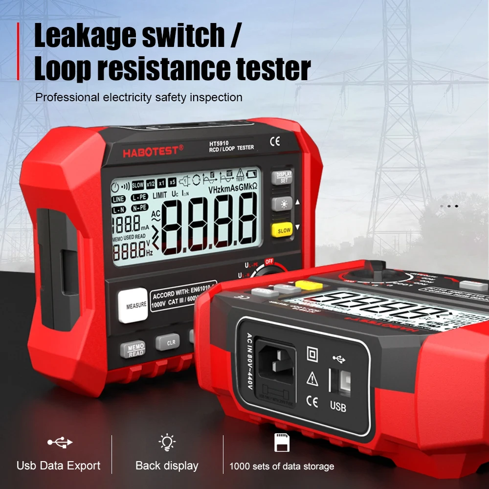 HT5910 Leakage Switch Tester LCD Digital Resistance Meter RCD/Loop Tester 1000 Data Storage Resistance Meter for Industrial