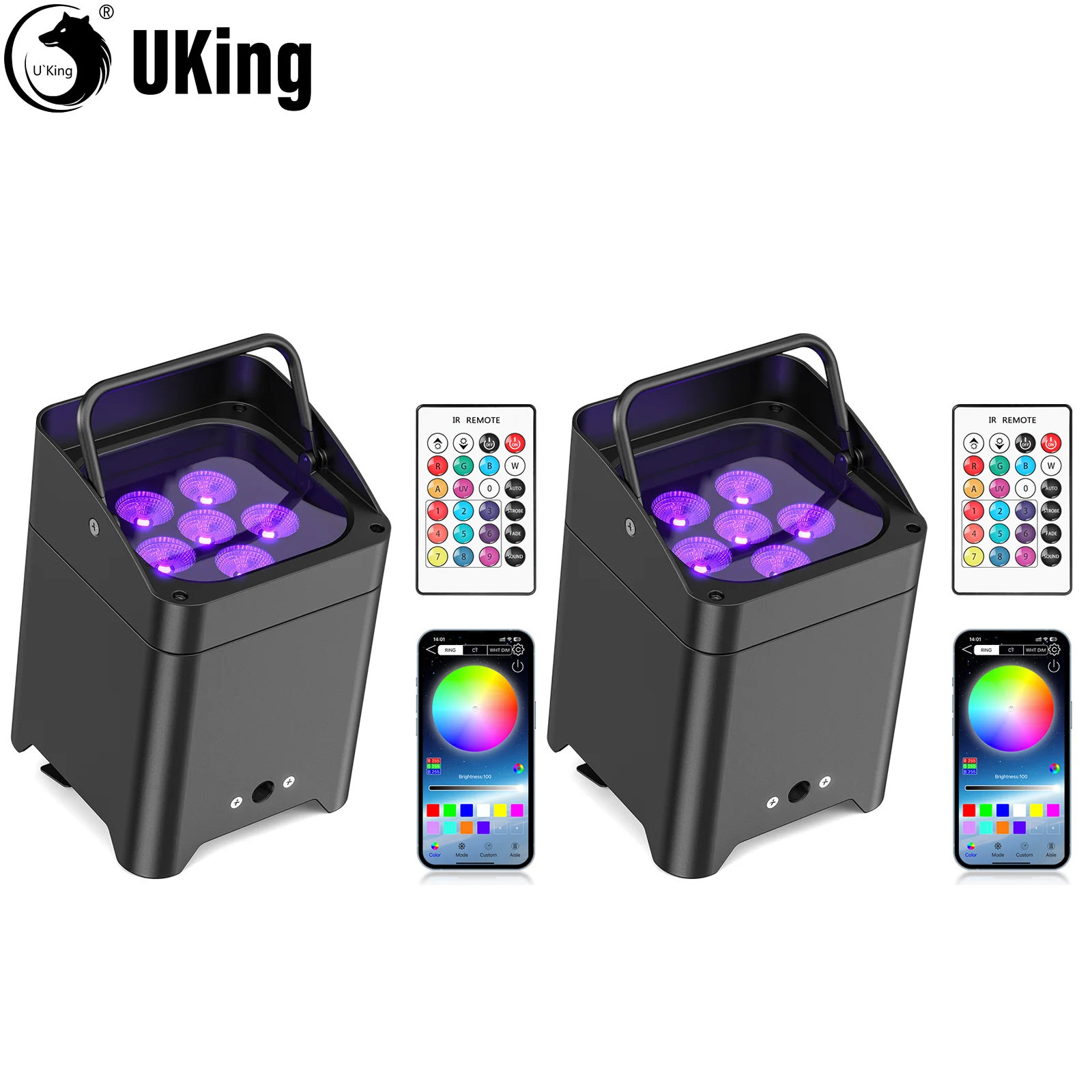 

U'King 2Pcs 80W Wireless Battery Par Light 6X18W LED RGBWA+UV Stage Light With Charge Progress Bar For DJ Disco Wedding Party