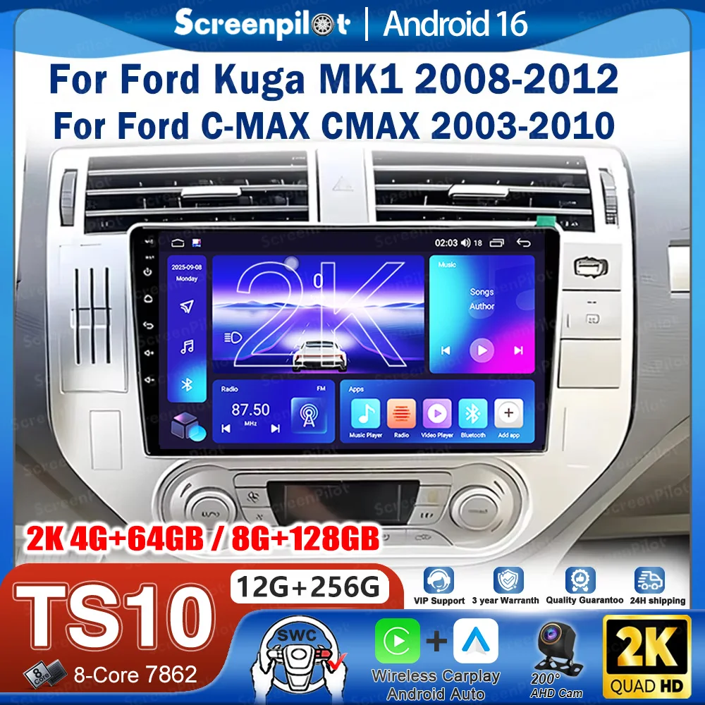 Rádio Automotivo Android 16 com Unidade Central Multimídia para Ford Kuga MK1 2008-2012 e Ford C-MAX CMAX 2003-2010 com Reprodutor de Vídeo e GPS