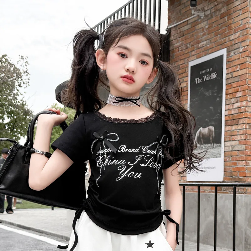 بدلة رياضية للمراهقين لخريف 2025 تي شيرت بناتي من القماش بفيونكة جرافيتي تي شيرت قصير أو بنطال طويل واسع الساق للأطفال الهيب هوب جاز 4 8 9 10 12 14 سنة