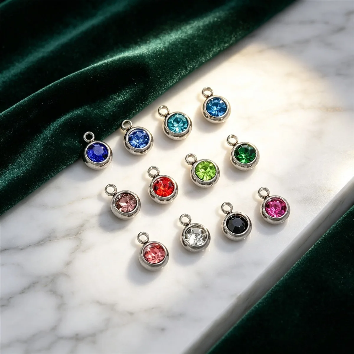 Colorfast Titanium Steel Round Pendants Inlaid With Color Zircon 12 Birthstones DIY Bracelet Necklace Earring Accessories