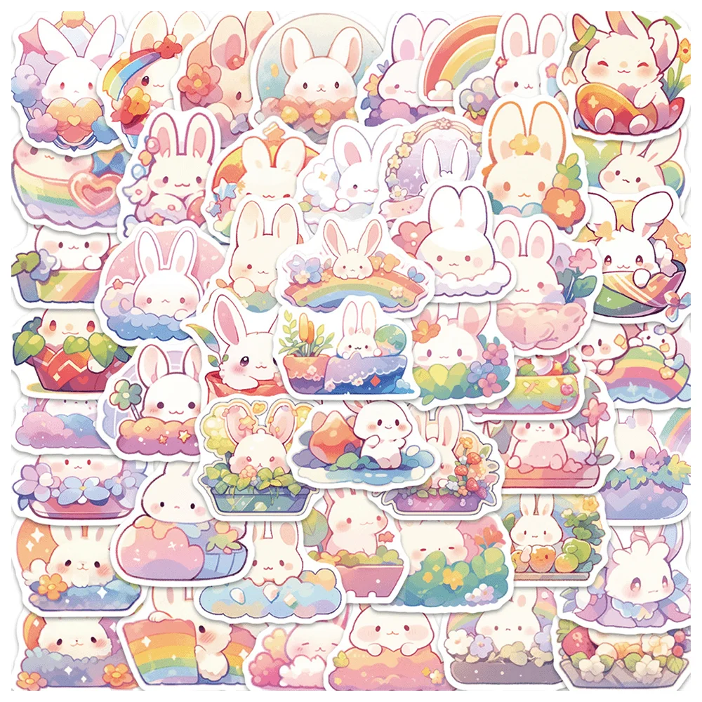 Cartoon Rainbow Rabbit Stickers for Children, Scrapbooking Material, Cute Stickers for Laptop, Suitcase, iPad, Phone, 50Pcs