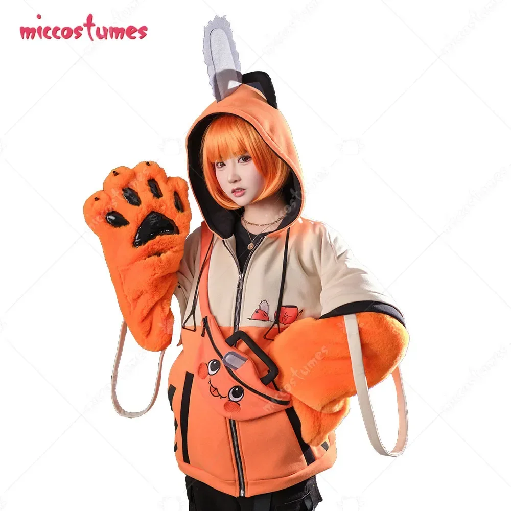 

Miccostumes Chainsaw Derivative Pullover Hoodie with Detachable Bag Design Furry Paw Gloves Orange Hooded Zipper Sweatshirt +Bag