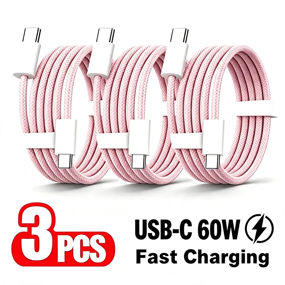 3PCS Dual USB-C 60W Fast Charge Braided Cable For iPhone 15 16 17 Samsung Google Moto Xiaomi Redmi POCO Type C to Type C Cables