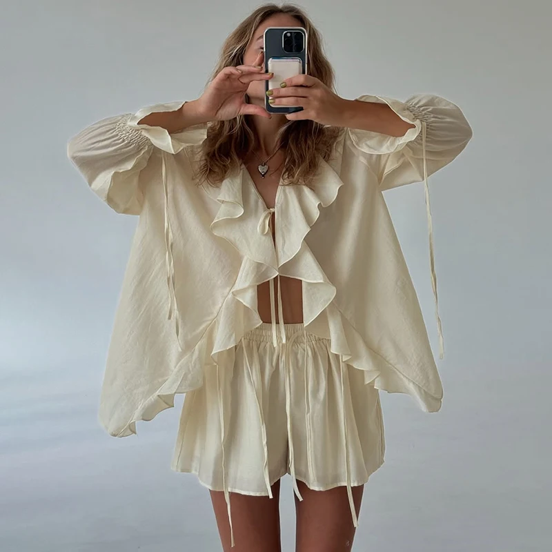 

Typhaland Casual Vacation Ruffled Shorts Sets Women's V Neck Loose Lace Up Shirt Loose Through Sexy Casual Shorts Female Suit