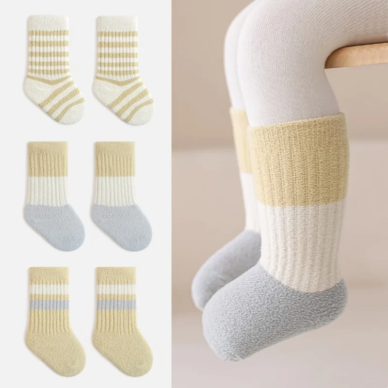 

3Pairs/set Winter New Warm Baby Socks Children Coral Velvet Thicken Striped Socks Newborn Mid Tube Sock For 0-5Years Boys Girls