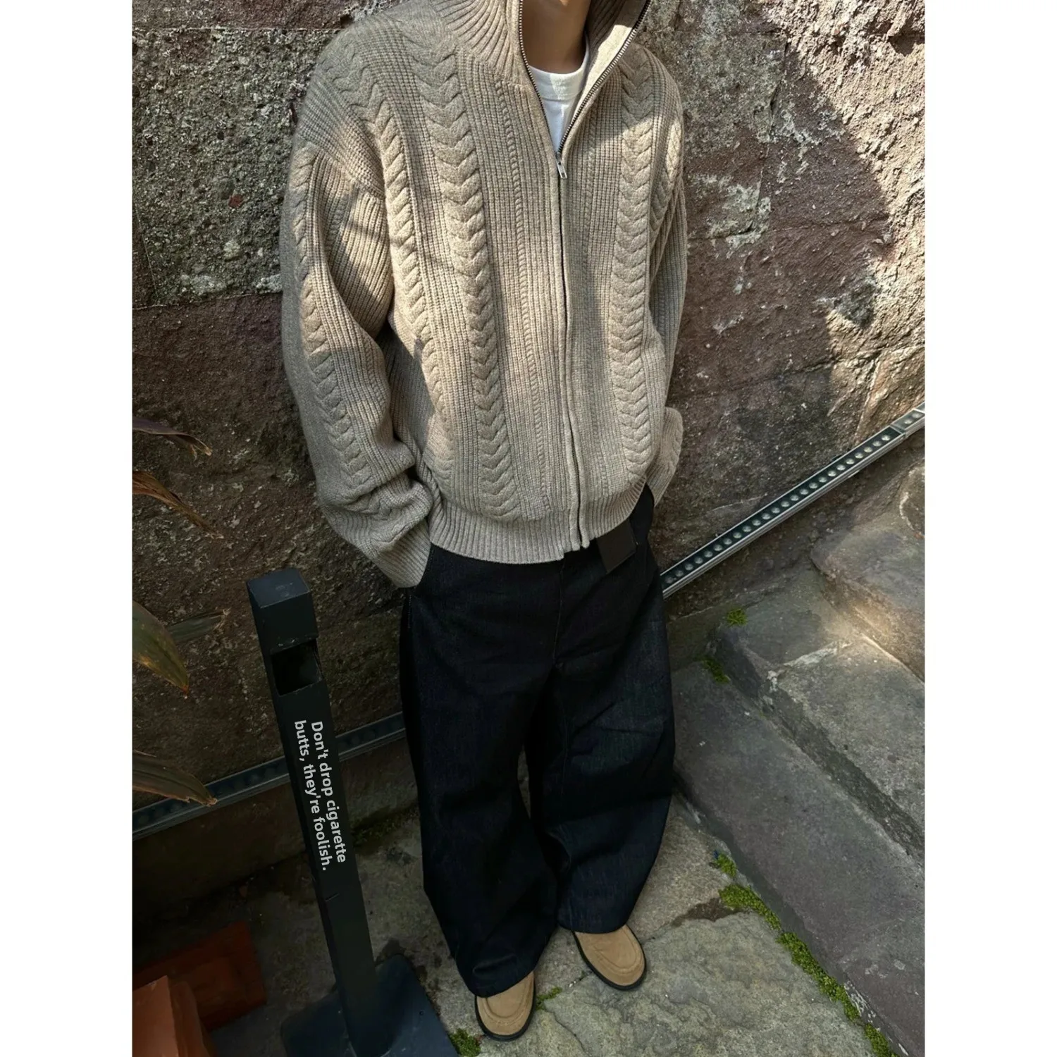 

Autumn Winter Large Size Men's Knitted Cardigan Sweater with Wheat Spike Pattern Casual Loose Fit Stand Collar Open Front