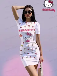 여성용 반팔 힙 드레스 헬로키티 카와이 여름 원피스 여성 2025 산리오 O넥 Y2K S-3XL 패션 신상 우아하고 섹시한
