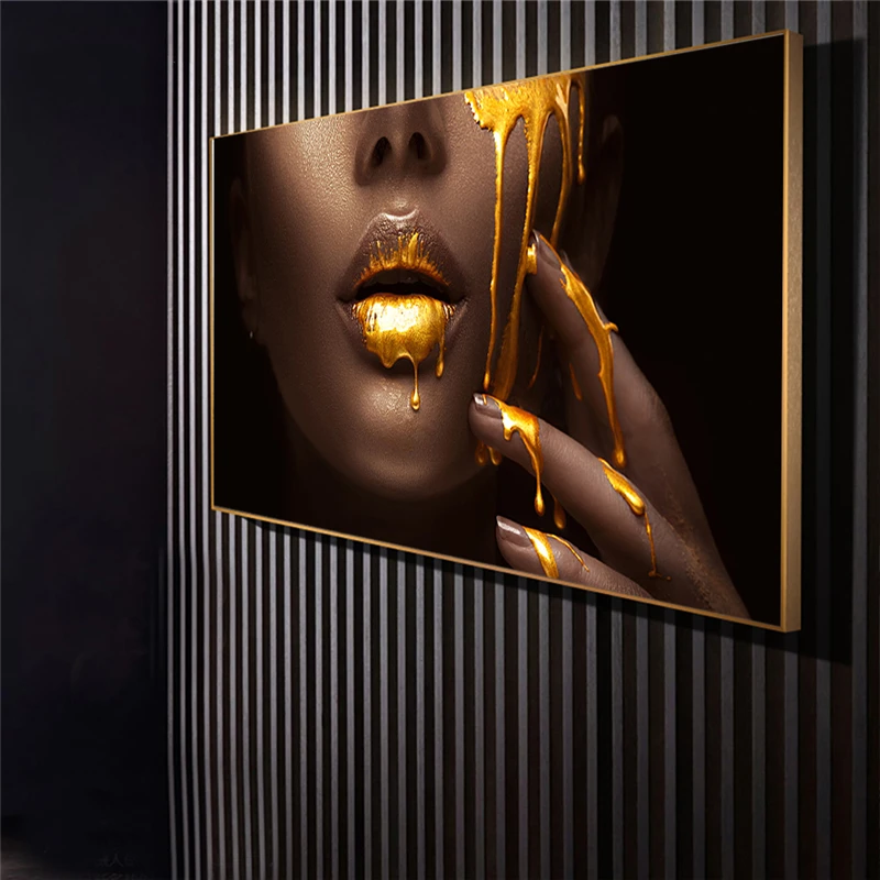 Black Women Face with Golden Liquid Canvas Paintings on The Wall Posters and Prints Cuadros Pictures