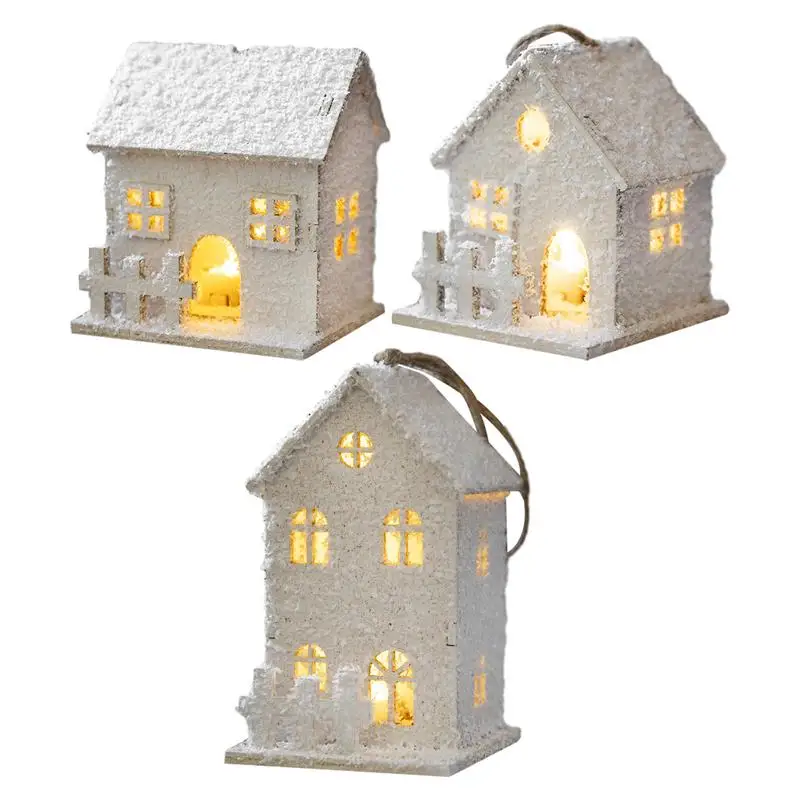 White Christmas Houses LED Lighted Mini Wood Christmas Village Houses Hand-Painted Decorative Snowy Frosted Christmas Tree