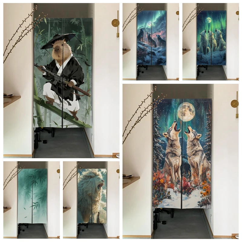 Animal Themed Noren Door Curtains Hamster Wolves Patterns Linen Doorway Curtains Room Partition Restaurant Kitchen Half Curtain