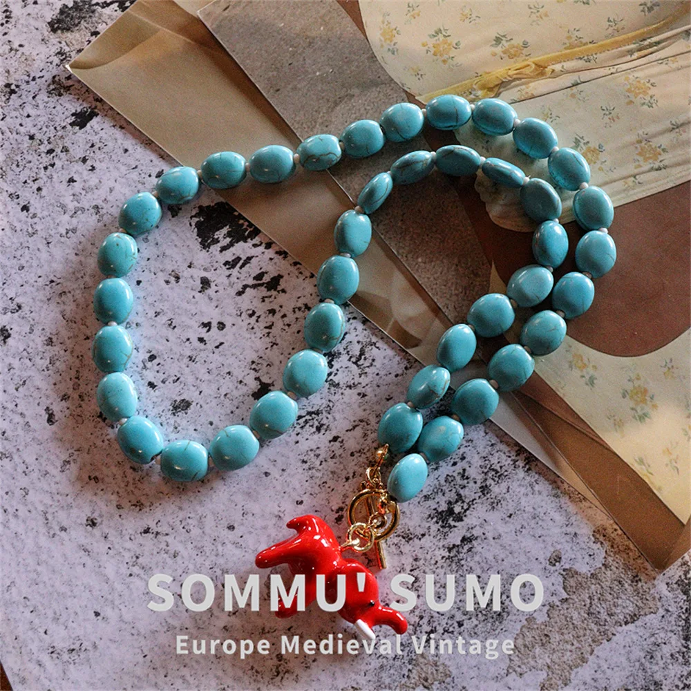 

Овальное бирюзовое колье в стиле ретро со слоном, позолоченная пряжка OT, модная цепочка на ключицу, ежедневные поездки на работу