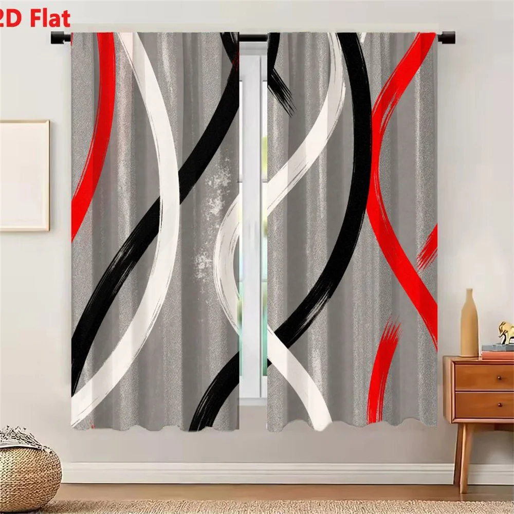 2Pcs Curtains 2D Flat Abstract Artistic Pattern With Textured Gray Background And Wavy Brushstroke Lines In Red Black White For